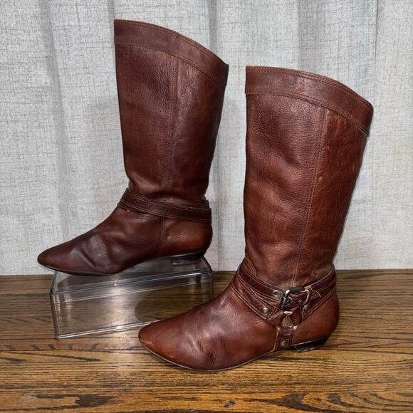 Gianni Bini Women’s 8M Brown Leather Harness Riding Boots Tall Equestrian Brazil - Picture 1 of 8